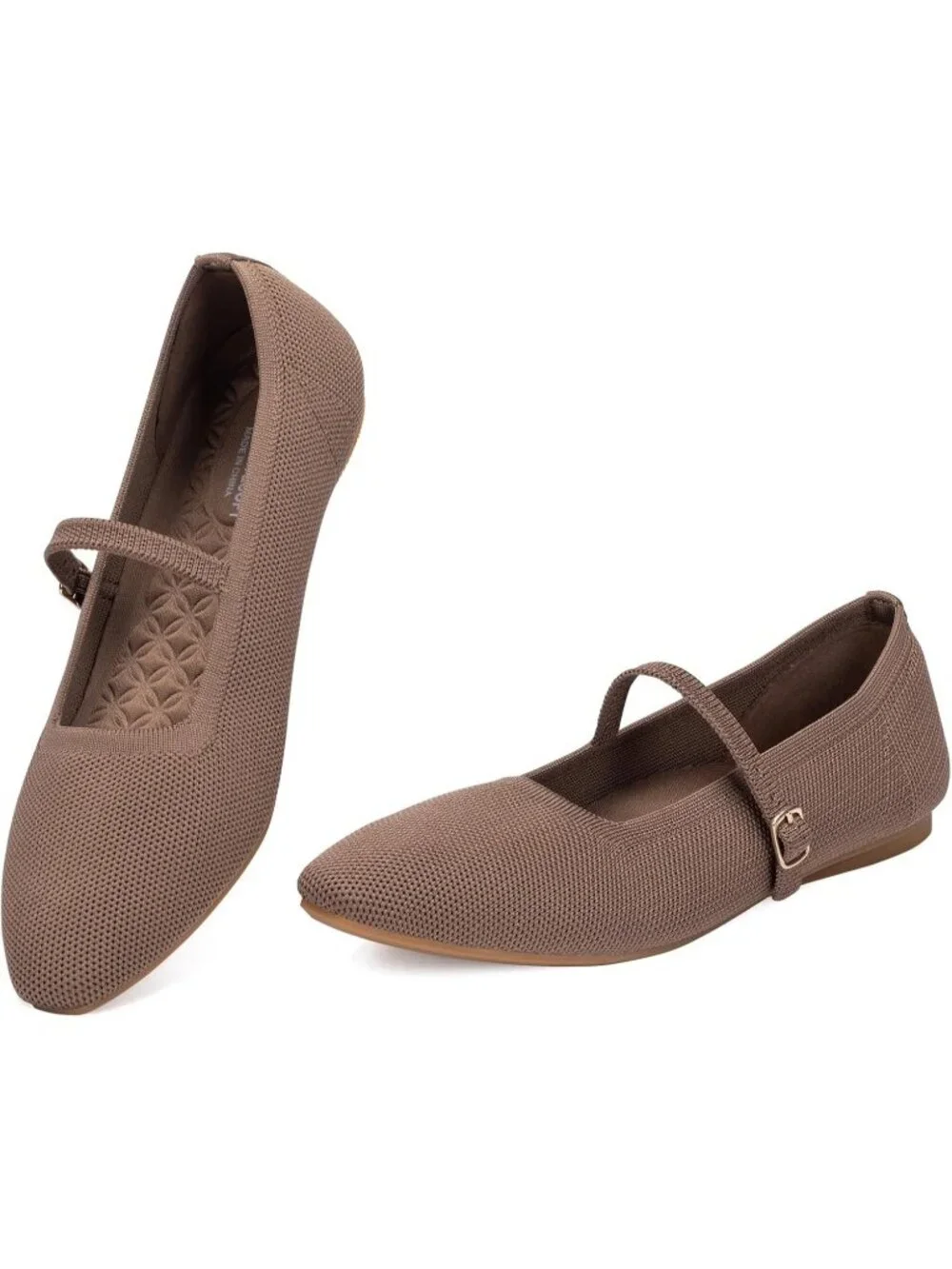 Women's Coffee Rubber Knit Square Toe Ballet Flats With Strap Comfortable Shoes